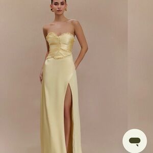 Meshki Pale Yellow Strapless Maxi Dress with Thigh Slit